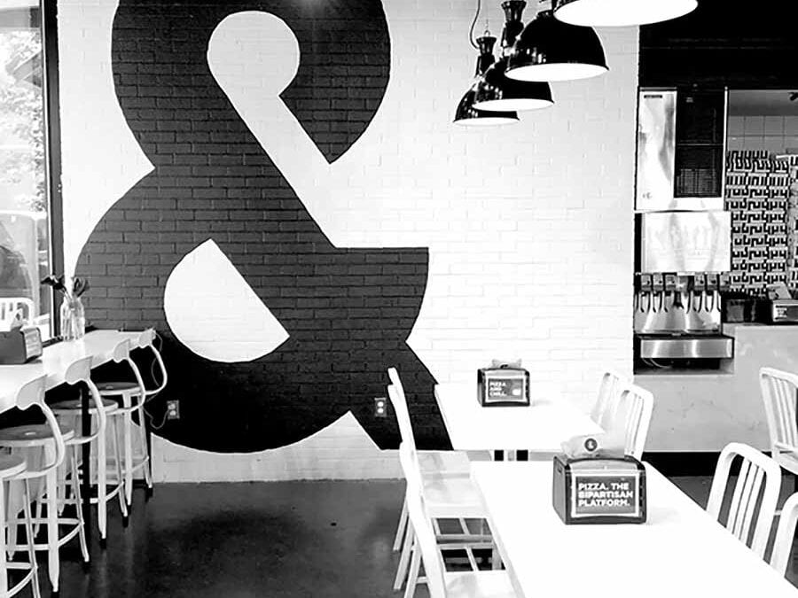 Interior of dinning space at a &pizza location in the Washington area