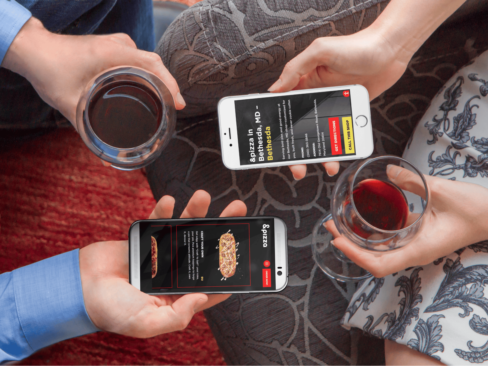 Phones showing the &pizza website menu and delivery locations, highlighting easy pizza delivery options.